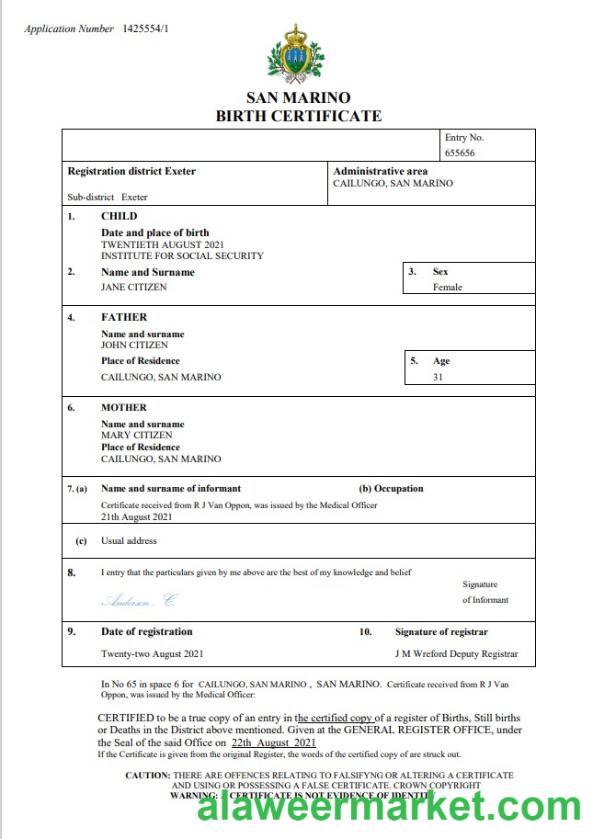 San Marino birth certificate Word and PDF template
